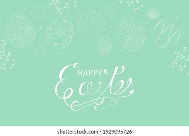 Happy Easter background, wreath-frame. Background with  rabbits and eggs. Easter banner with doodle eggs. Background with spring plants.