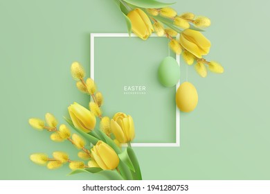 Frohe Osterhintergründe mit gelben fotorealistischen Tulpen und wilden Ästen mit Ostereiern, die darauf hängen. Feiner grüner Hintergrund und weißer Rahmen. Vektorgrafik.