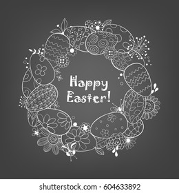Happy Easter background.Frame made of eggs and doodled flowers and butterflies and lettering.