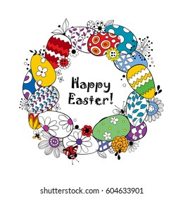 Happy Easter background.Frame made of eggs and doodled flowers and butterflies and lettering.