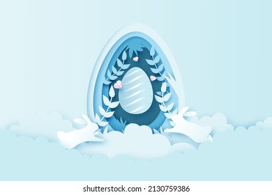 Happy Easter background.Paper art of easter eggs and rabbit with egg shape.Banner template design.Vector illustration.