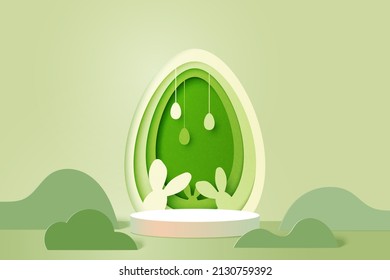 Feliz Pascua de fondo.Papel de huevos de Pascua y conejo con forma de huevo.Modelación del podio de la pantalla del producto, diseño de la plantilla del cartel.Ilustración del vector.