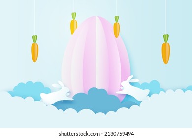 Feliz Pascua de fondo.Papel de huevos de Pascua y conejo con forma de huevo.Diseño de plantillas de pancarta.Ilustración vectorial.