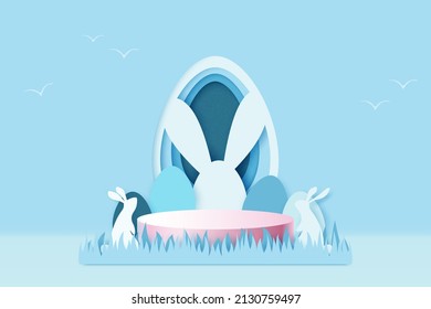 Feliz Pascua de fondo.Papel de huevos de Pascua y conejo con forma de huevo.Modelación del podio de la pantalla del producto, diseño de la plantilla del cartel.Ilustración del vector.