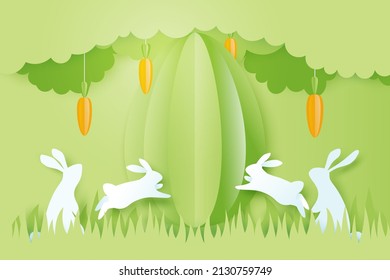 Happy Easter background.Paper art of easter eggs and rabbit with egg shape.Banner template design.Vector illustration.