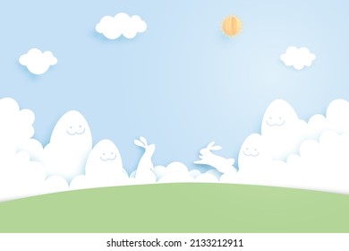 Feliz Pascua de fondo.Papel de huevos de Pascua y conejo con forma de nube sobre fondo azul del cielo.Diseño de plantillas de banner.Ilustración vectorial.