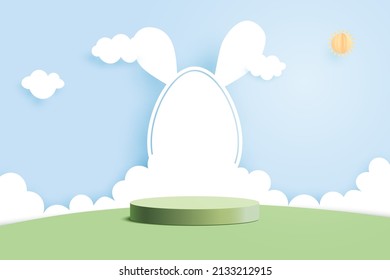 Happy Easter background.Paper art of easter eggs and rabbit with cloud shape on blue sky background.Product display podium mockup, Banner template design.Vector illustration.