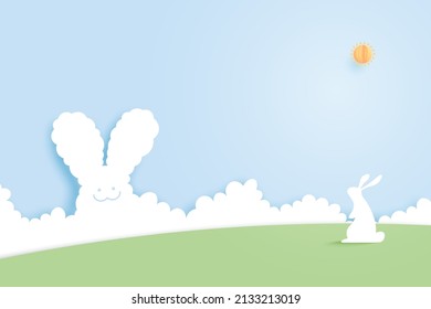 Feliz Pascua de fondo.Papel de huevos de Pascua y conejo con forma de nube sobre fondo azul del cielo.Diseño de plantillas de banner.Ilustración vectorial.