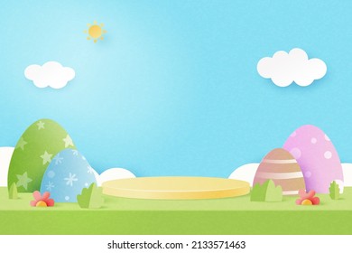 Happy Easter background.Paper art of easter eggs and rabbit with cloud on blue sky background.Product display podium mockup, Banner template design.Vector illustration.