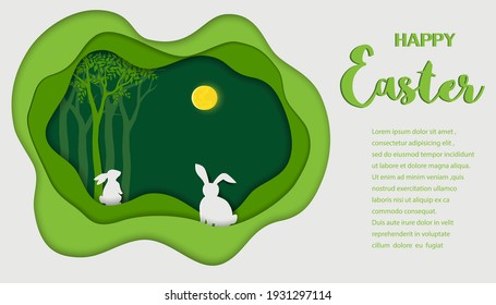 Happy Easter background,paper art landscape with hare on spring forest,vector illustration