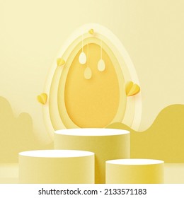 Happy Easter background.Paper art of Product display podium mockup, Banner template design.Vector illustration.