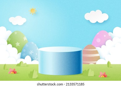 Feliz Pascua de fondo.Papel de la muestra de producto maquillaje de podio, diseño de plantillas de banner.Ilustración vectorial.