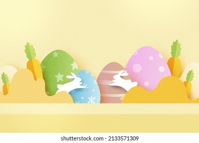Happy Easter background.Product display mockup, Banner template design.Paper Art Vector illustration.