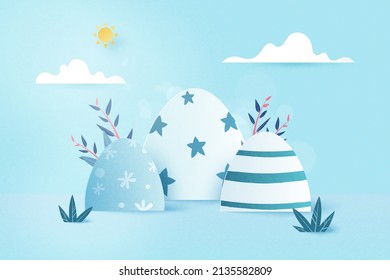 Happy Easter background.Product display mockup.Banner template design.Paper Art Vector illustration.