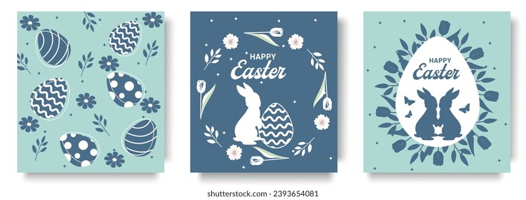 Happy Easter backgrounds, greeting cards, posters, holiday covers. Easter templates with typography and modern minimalist holiday style for web, social media, print