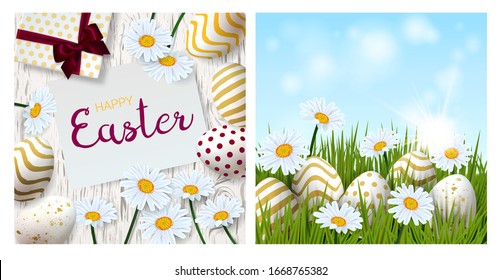  Happy Easter backgrounds set with realistic golden decorated eggs and cute doodles. Greeting card trendy design. Invitation template Vector illustration for you poster, banner or flyer.