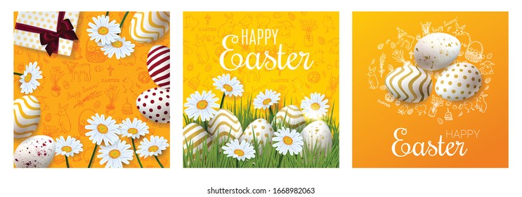  Happy Easter backgrounds set with realistic golden decorated eggs and cute doodles. Greeting card trendy design. Invitation template Vector illustration for you poster, banner or flyer.