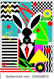 Happy Easter backgrund pop art with rabbit and nenon colors, vector illustration 