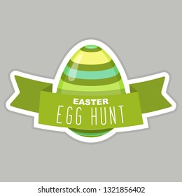 Happy Easter badge with colorful egg, banner. Egg hunt for kids mockup template. Vector illustration.