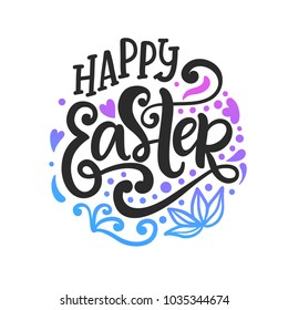 Happy Easter badge emblem with lettering inscription. Handwritten modern calligraphy. Banner, greeting card template. Vector illustration