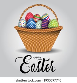 happy Easter. bamboo basket with colorful Easter eggs. vector illustration design