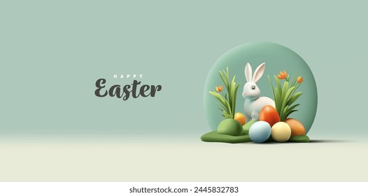 Happy Easter, banner, 3D advertisement. Visualization of Easter eggs, rabbit, and flowers on a green podium. Modern stylish composition for advertising materials. Vector