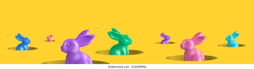 happy easter banner 3d colorful rabbits bunnies from hole on yellow background vector illustration