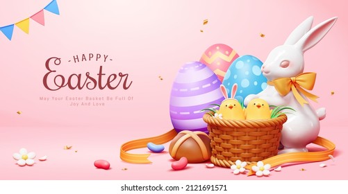 Happy Easter banner. 3d Illustration of Easter bunny, beautiful painted eggs and chicks in wicker basket on pink background. Concept of Easter egg hunt