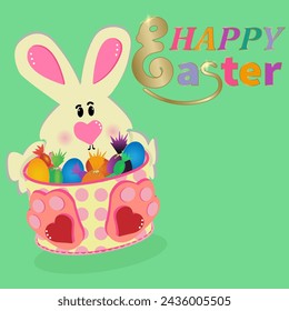 Happy Easter banner. 3D illustration of an Easter bunny, beautiful colored eggs and candies in a basket on a green background. Easter concept. Vector illustration.
