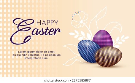 Happy easter banner. 3d realistic Easter eggs on floral background. Holiday seasonal religious symbol decorated in realism style. Vector illustration for spring holiday, greeting card 