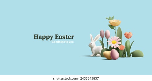 Happy Easter banner with 3d render Easter eggs and Easter bunny in flowers and grass field, egg hunting