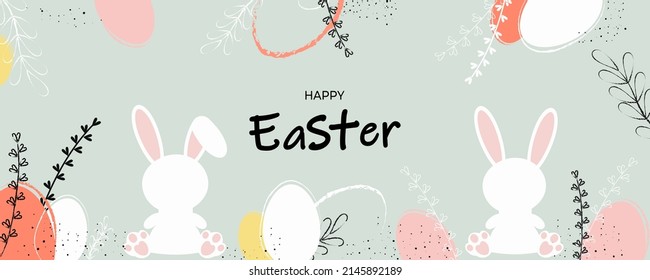 Happy Easter banner background. Easter bunny and egg. Easter banner. Fashionable Easter design. Modern minimalist style. Suitable for poster, website, postcard. Vector illustration.