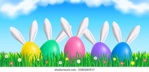 happy easter banner background with colorful eggs bunny ears on green grass sky vector illustration