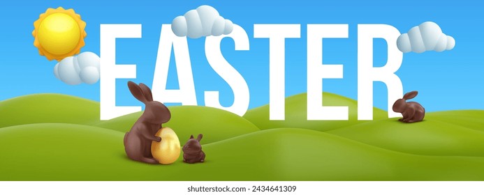 Happy easter banner. Background composition in 3d realistic child style. Cartoon festive art with chocolate bunny on spring landscape. Vector holiday illustration.