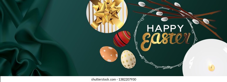 Happy Easter banner. Background design of lighting candle on plate ,realistic willow branches with easter eggs and gifbox Silk fabric background. Green style. Flat lay, top view. 