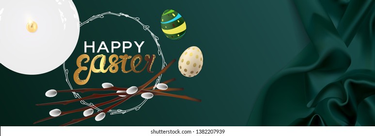 Happy Easter banner. Background design of lighting candle on plate ,realistic willow branches with easter eggs. Silk fabric background. Green style. Flat lay, top view.