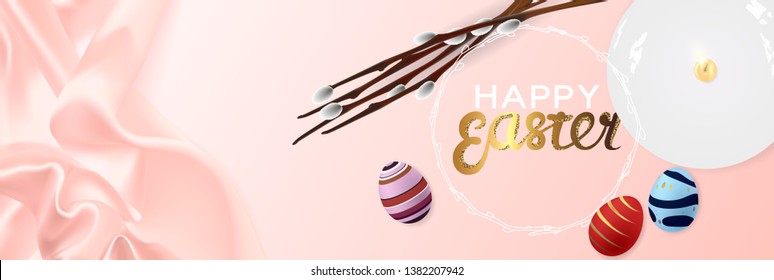Happy Easter banner. Background design of lighting candle on plate ,realistic willow branches with easter eggs. Silk fabric background. Light blue style. Flat lay, top view.