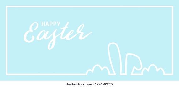 Happy Easter banner or happy easter background, frame. Bunny ears or rabbit ears and eggs as one line drawing. Blue background. Vector illustration