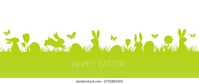 Feliz Anuncio de Pascua o fondo con prado verde, conejito, huevos