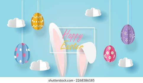 Happy Easter banner, background with hanging paper cut eggs and bunny ears. Vector illustration