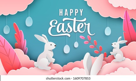 Happy easter banner background. Holiday greeting in paper cut 3d style with clouds, bunny, plant, egg, ears. Vector illustration. Place for your text.