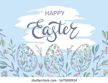 Happy easter. Banner / background with painted eggs and plants
