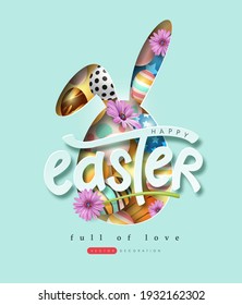 Happy easter banner background. Rabbit or bunny shape with colorful eggs and flower.