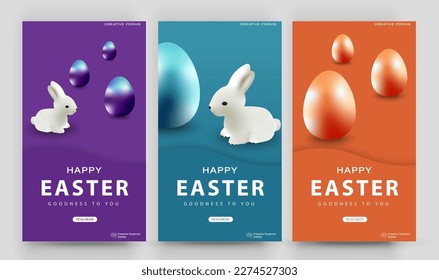 Happy Easter banner. Easter background with realistic eggs and rabbit. Editable post template set for banner sale, presentation, invitation, stories, streaming.