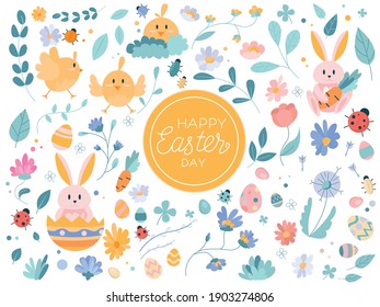 Happy easter banner background template with  bunny rabbit, chick and flowers. International holiday celebration concept. Vector illustration in flat style.