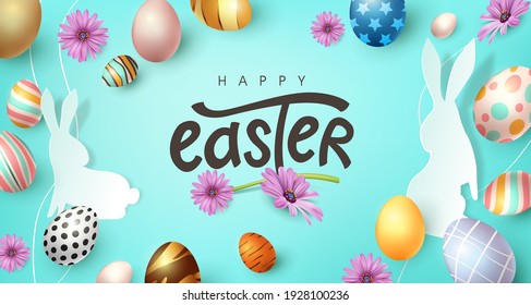 Happy easter banner background. Traditional colored easter eggs with different ornaments. 