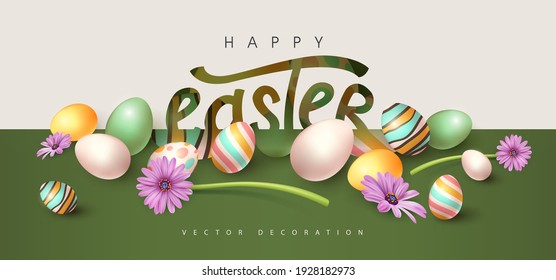Happy easter banner background. Traditional colored easter eggs with different ornaments. 