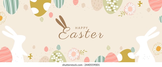 Happy Easter banner background. Trendy Easter design with typography, eggs, bunny ears, in pastel colors. Modern minimal style. Horizontal poster, greeting card, header for website