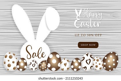 Happy Easter banner, Beautiful background with colorful eggs and bunny ears, on wooden background, For promotion, for website, posters, advertising, coupons, promotional material, header, website or