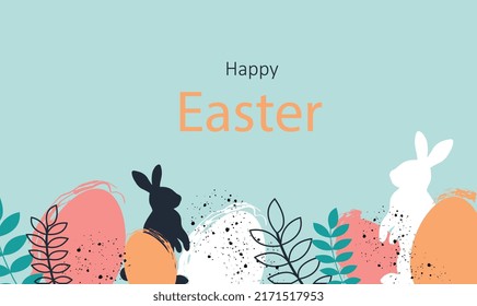 Happy Easter banner. Beautiful poster in pastel colors with easter eggs, dots, plant and bunny. Design element for greeting card for traditional christian holiday. Cartoon flat vector illustration